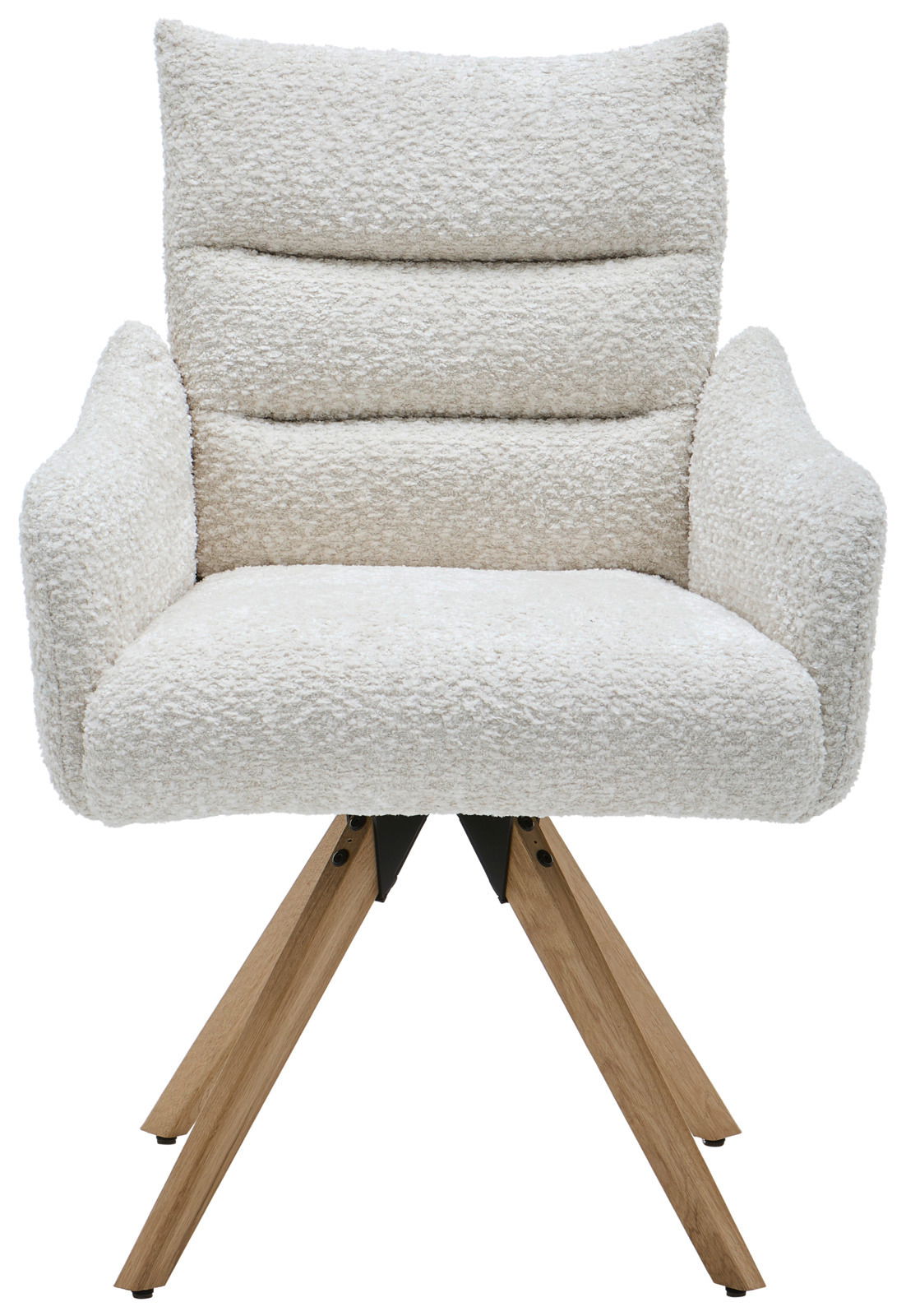 Beiger Armlehnstuhl mit weichem, strukturiertem Stoffbezug und Holzbeinen, Frontalansicht