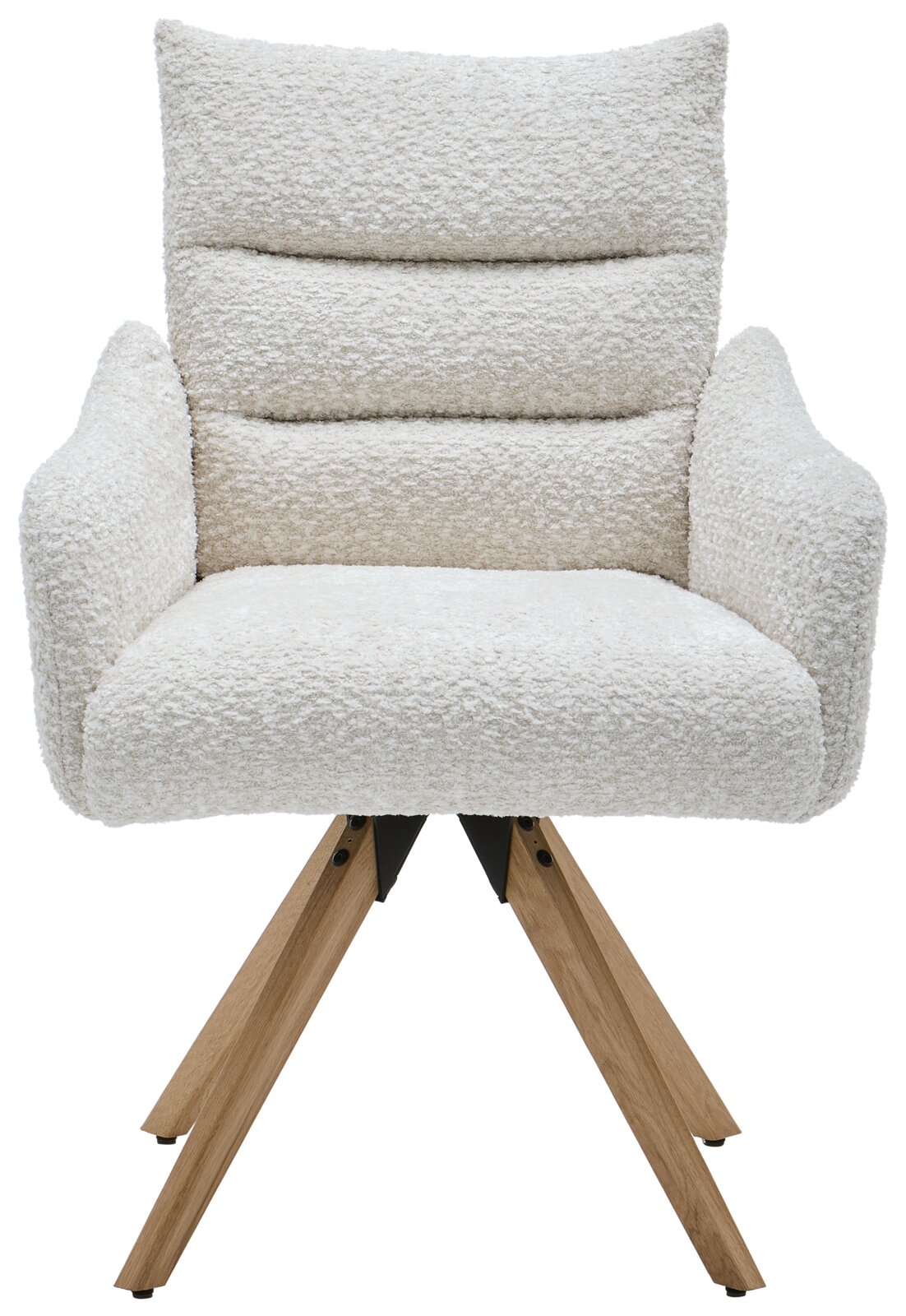 Beiger Armlehnstuhl mit weichem, strukturiertem Stoffbezug und Holzbeinen, Frontalansicht