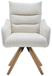 Beiger Armlehnstuhl mit weichem, strukturiertem Stoffbezug und Holzbeinen, Frontalansicht