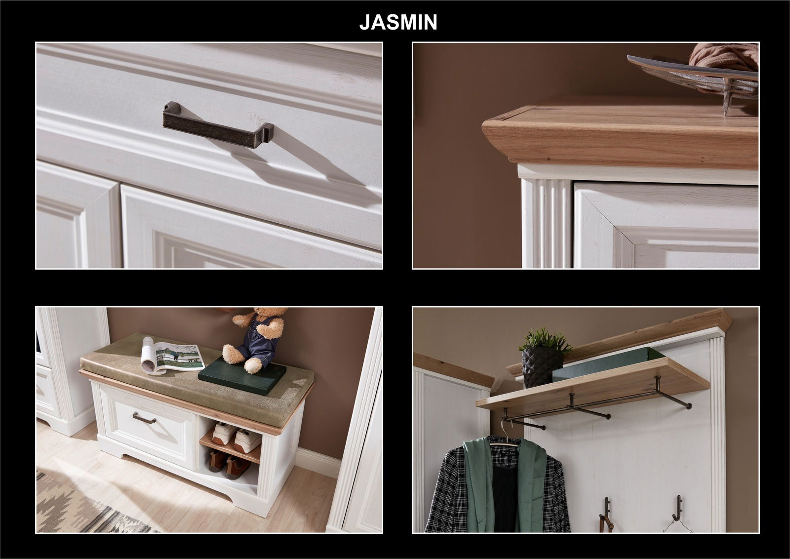 Detailansicht des Garderoben-Sets JUDITH mit weißem Holz und rustikalen Griffen, inklusive Sitzbank mit Stauraum und Kleiderhaken. Perspektive: Nahaufnahme und seitliche Ansicht.