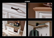 Detailansicht des Garderoben-Sets JUDITH mit weißem Holz und rustikalen Griffen, inklusive Sitzbank mit Stauraum und Kleiderhaken. Perspektive: Nahaufnahme und seitliche Ansicht.