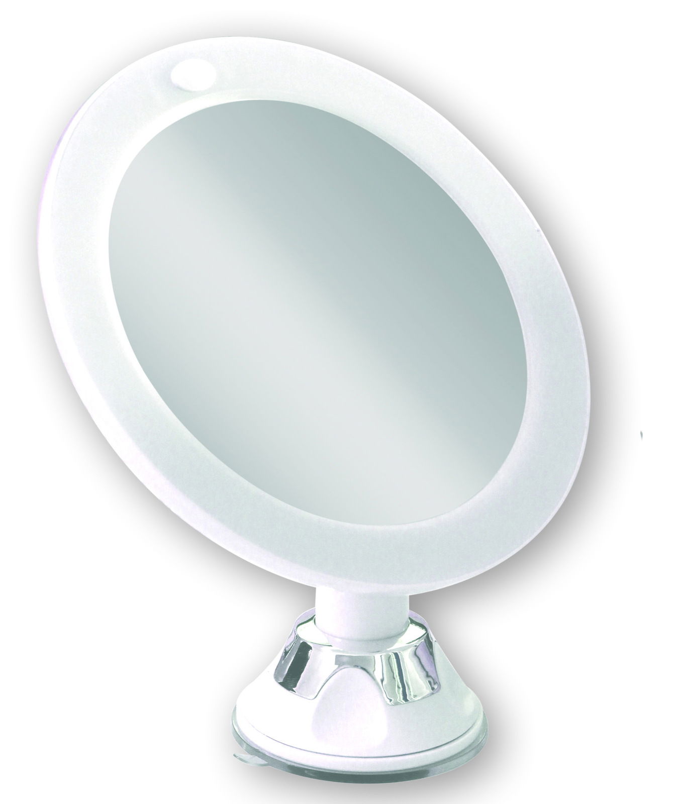 Kosmetikspiegel mit weißem Rahmen und Saugnapf, seitliche Perspektive