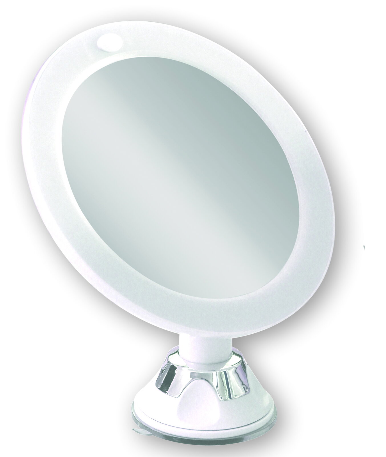 Kosmetikspiegel mit weißem Rahmen und Saugnapf, seitliche Perspektive