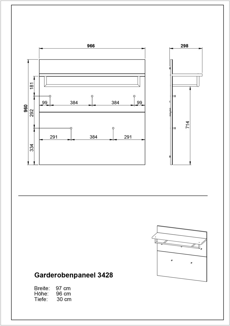 Garderobenpaneel mit den Maßen 97 cm Breite, 96 cm Höhe und 30 cm Tiefe, seitliche und frontale Ansicht.