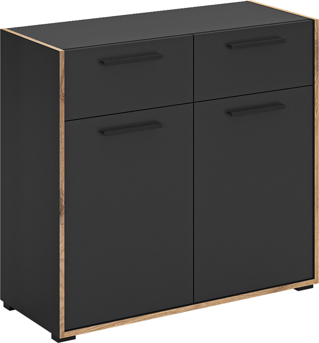 Moderne Kommode/Sideboard in Mattschwarz mit Holzrahmen und vier Klappenfächern, Frontansicht in leichter Schrägperspektive von links