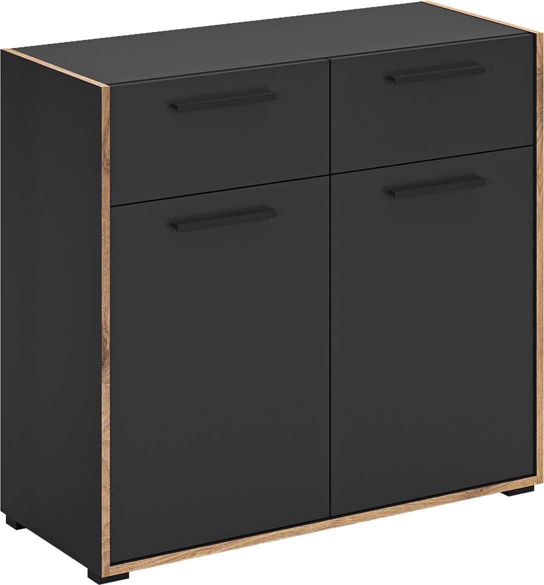 Moderne Kommode/Sideboard in Mattschwarz mit Holzrahmen und vier Klappenfächern, Frontansicht in leichter Schrägperspektive von links