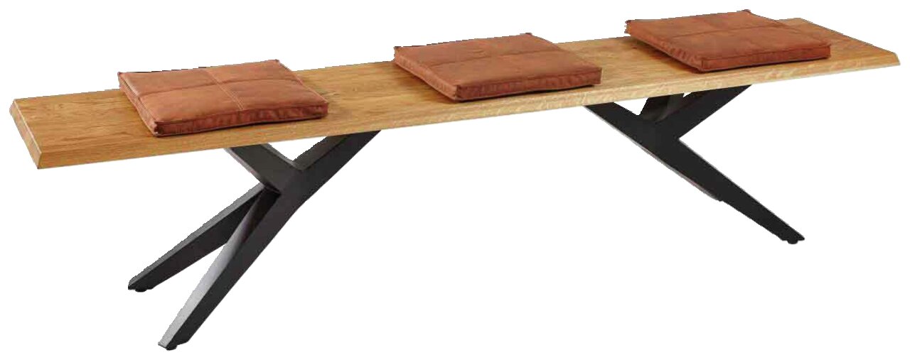 Holzbank mit drei braunen Sitzkissen und schwarzen Metallbeinen, seitliche Perspektive