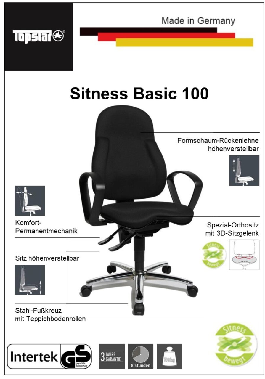 Sitness Drehstuhl BASIC Bürostuhl mit höhenverstellbarer Formschaum-Rückenlehne, Komfort-Permanentmechanik, höhenverstellbarem Sitz, Spezial-Orthositz mit 3D-Sitzgelenk und Stahl-Fußkreuz mit Teppichbodenrollen, Vorderansicht