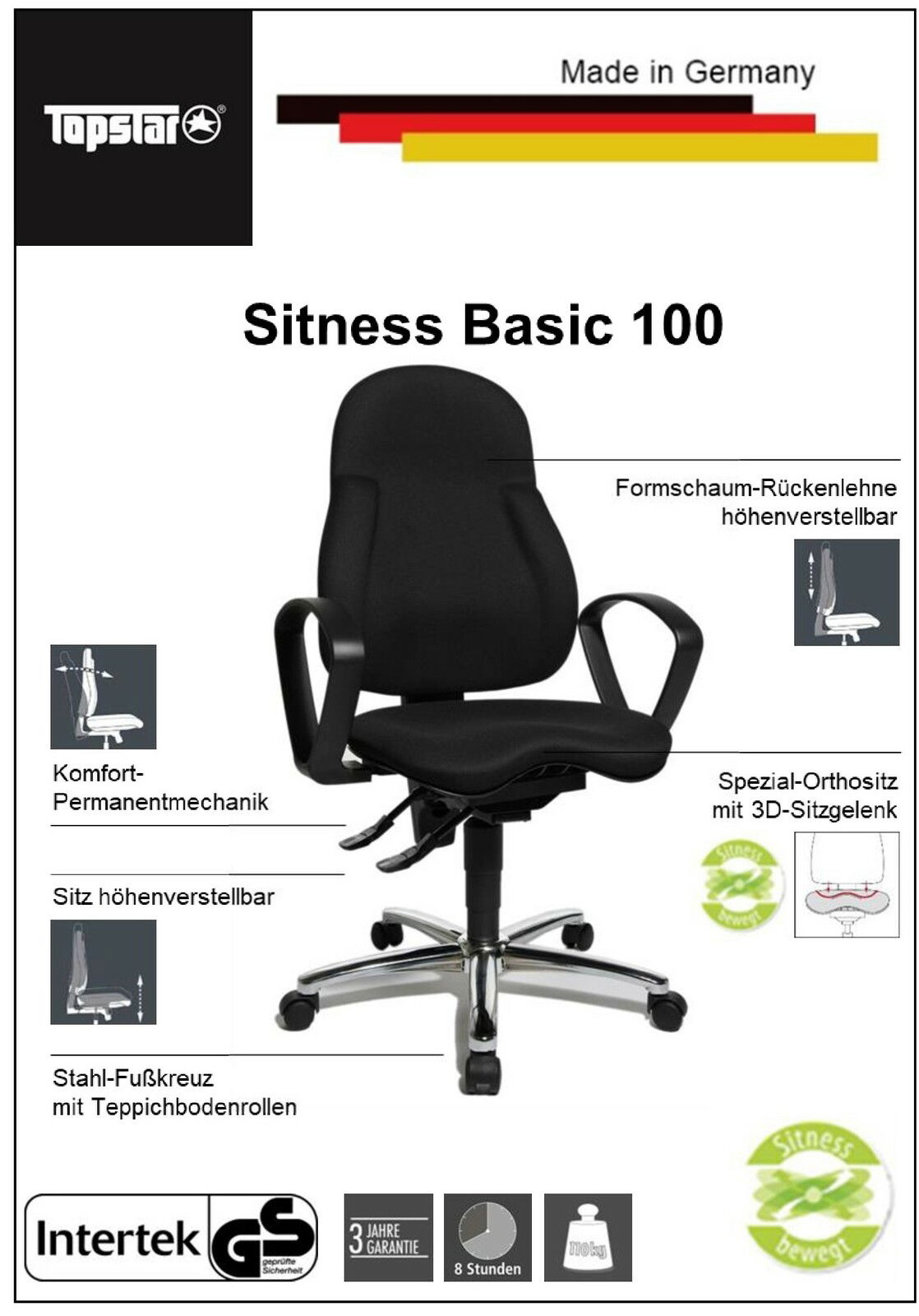 Bürostuhl mit höhenverstellbarer Formschaum-Rückenlehne, Komfort-Permanentmechanik, höhenverstellbarem Sitz, Spezial-Orthositz mit 3D-Sitzgelenk und Stahl-Fußkreuz mit Teppichbodenrollen, Vorderansicht