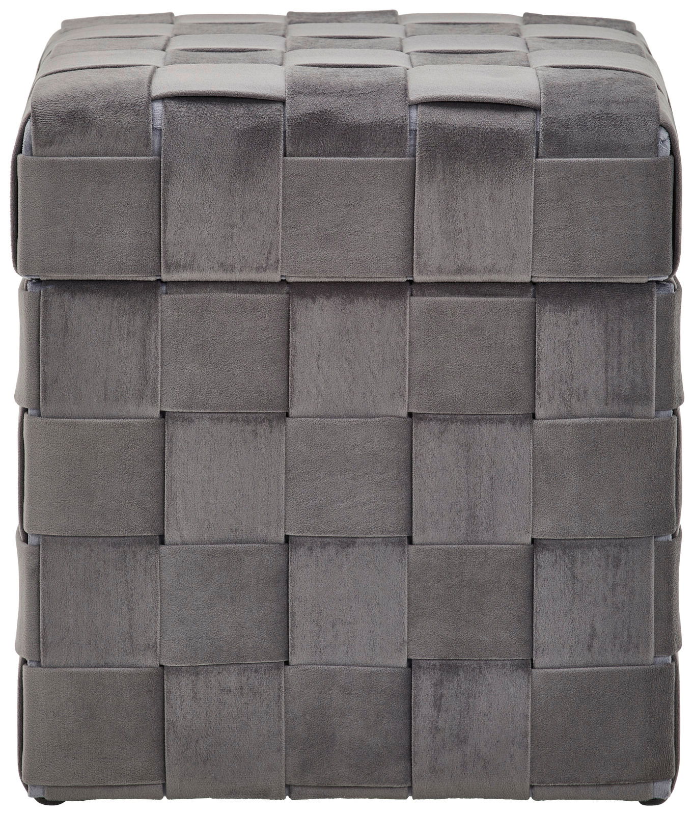 Grauer Hocker mit Stauraum, Vorderansicht, mit geflochtenem Design.