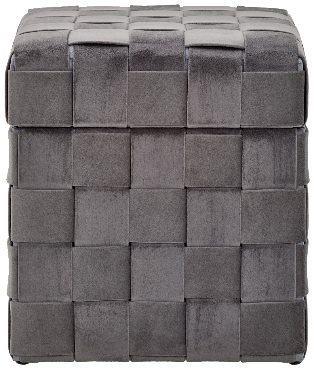 Grauer Hocker mit Stauraum, Vorderansicht, mit geflochtenem Design.