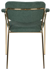 Rückansicht eines Armlehnenstuhls mit grünem Stoffbezug und goldfarbenem Metallrahmen.