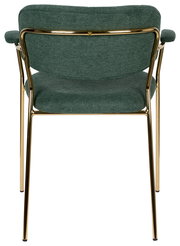 Rückansicht eines Armlehnenstuhls mit grünem Stoffbezug und goldfarbenem Metallrahmen.
