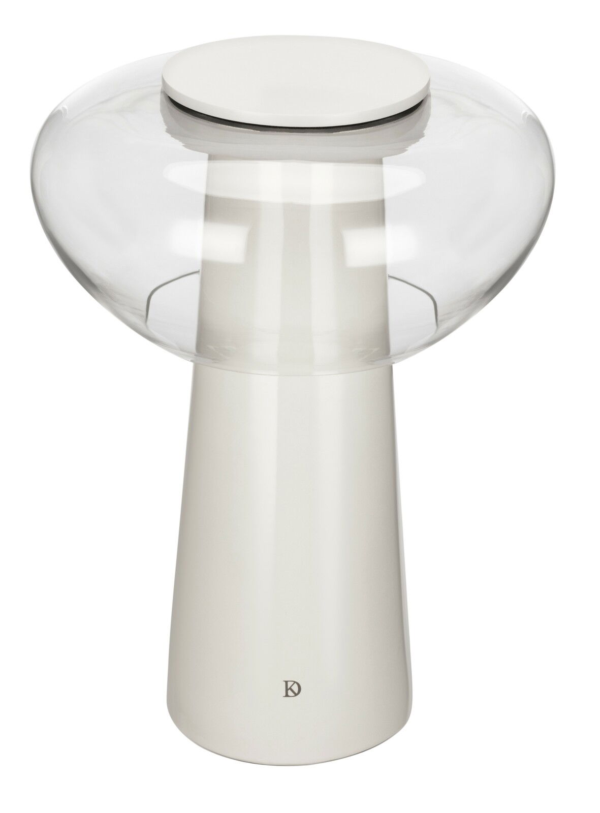 Moderne LED-Tischleuchte mit klarem Glas und weißem Sockel, Frontalansicht