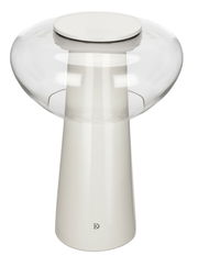 Moderne LED-Tischleuchte mit klarem Glas und weißem Sockel, Frontalansicht