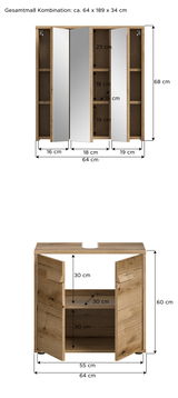 Badezimmerschrank-Kombination mit Spiegelschrank und Unterschrank in Holzoptik, Frontansicht