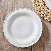 Weißer Teller mit feiner Rillenstruktur, von oben fotografiert, auf einem Holztisch mit geflochtenem Untersetzer.