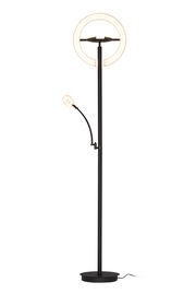 LED-Deckenfluter mit modernem Design, schwarzem Ständer und zwei leuchtenden Ringen, frontal abgebildet.