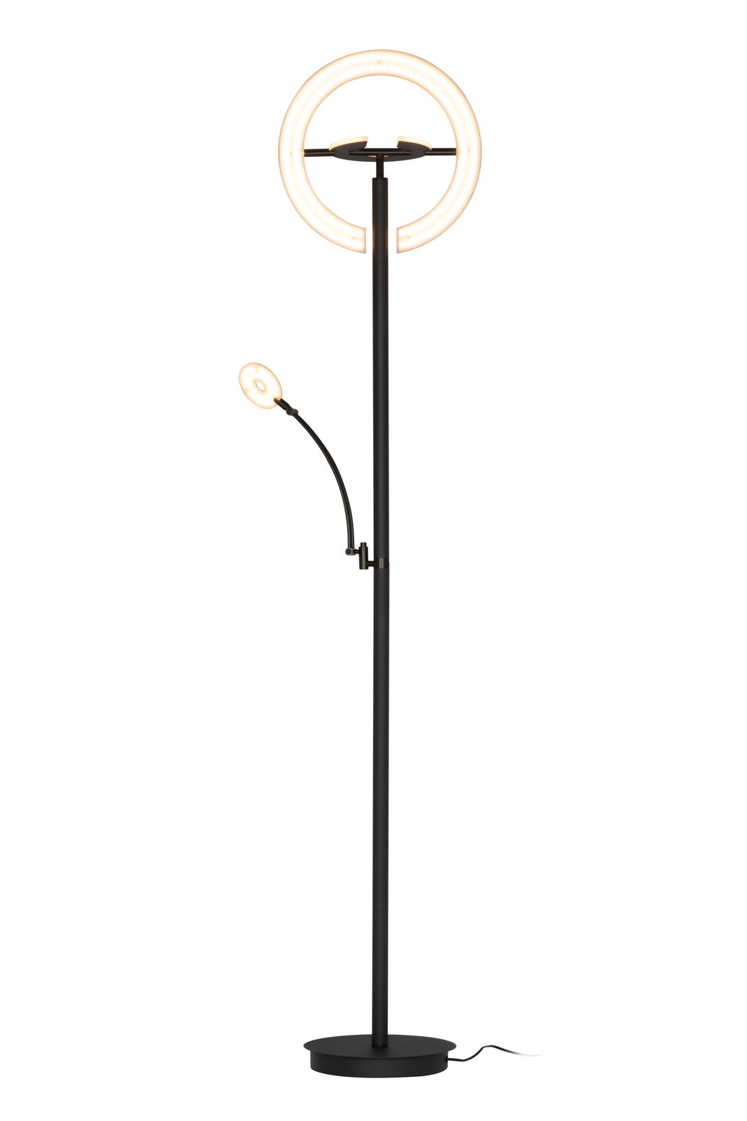 LED-Deckenfluter mit modernem Design, schwarzem Ständer und zwei leuchtenden Ringen, frontal abgebildet.