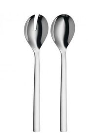 Zwei glänzende Salatbesteckteile aus Edelstahl, frontal abgebildet. Ein Löffel mit Schlitz und ein normaler Löffel, beide mit elegantem, modernem Design.