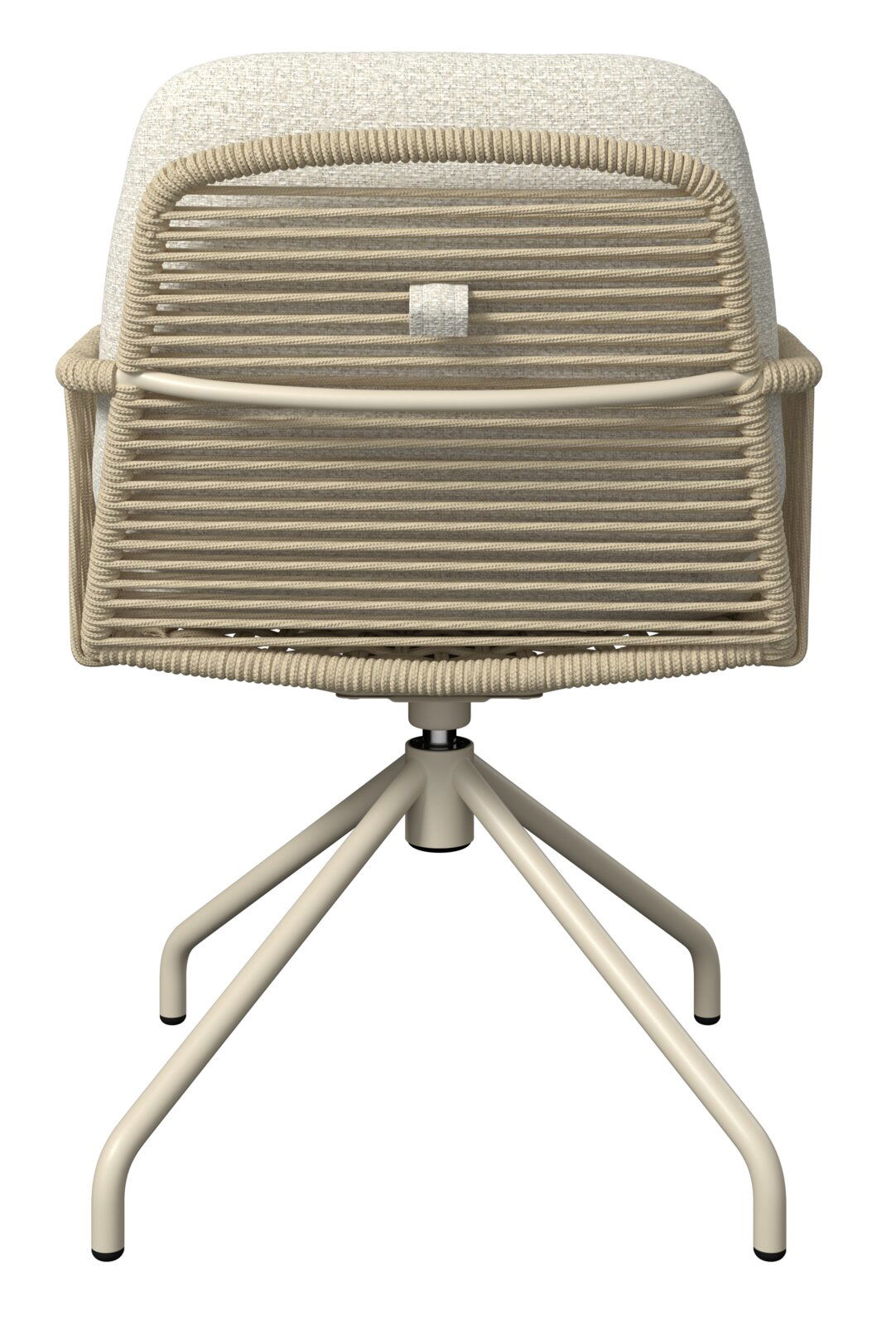 Frontansicht eines beigen Drehstuhls mit geflochtener Seil-/Rattan-Optik, gepolsterter Rückenlehne und hellem Metallfußkreuz.