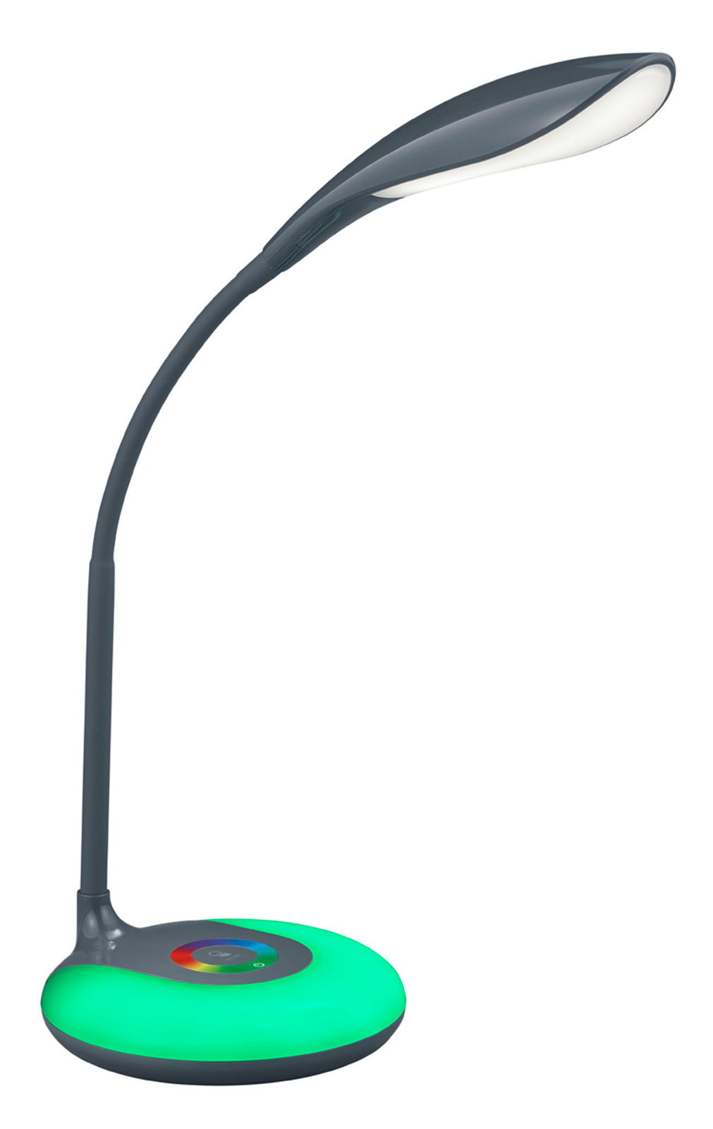 Moderne Tischleuchte Krait in Anthrazit mit flexiblem Hals und leuchtendem, grünem Sockel, seitliche Perspektive