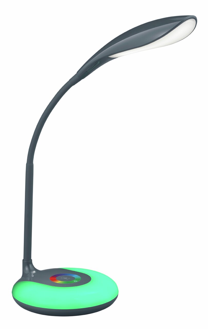 Moderne Tischleuchte Krait in Anthrazit mit flexiblem Hals und leuchtendem, grünem Sockel, seitliche Perspektive