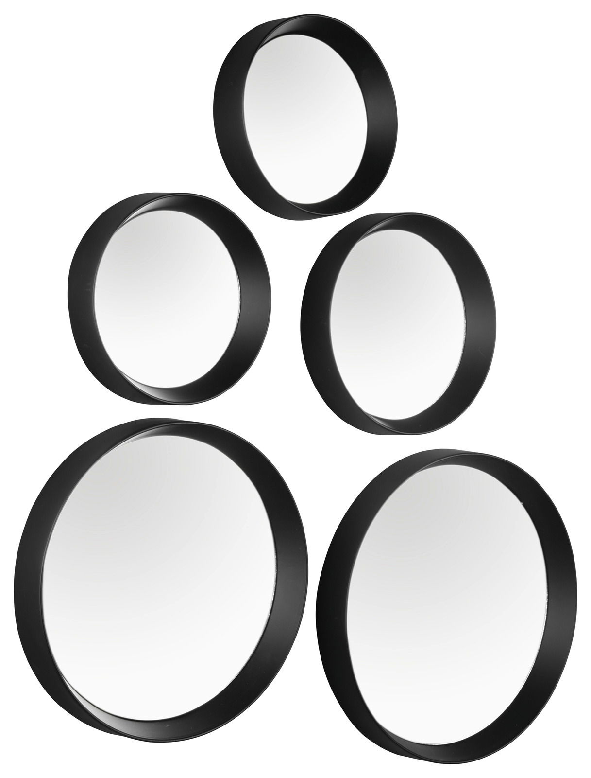 Fünf rund geformte Spiegel mit schwarzem Rahmen, aus der Vorderansicht gezeigt, angeordnet in einer pyramidenartigen Formation.