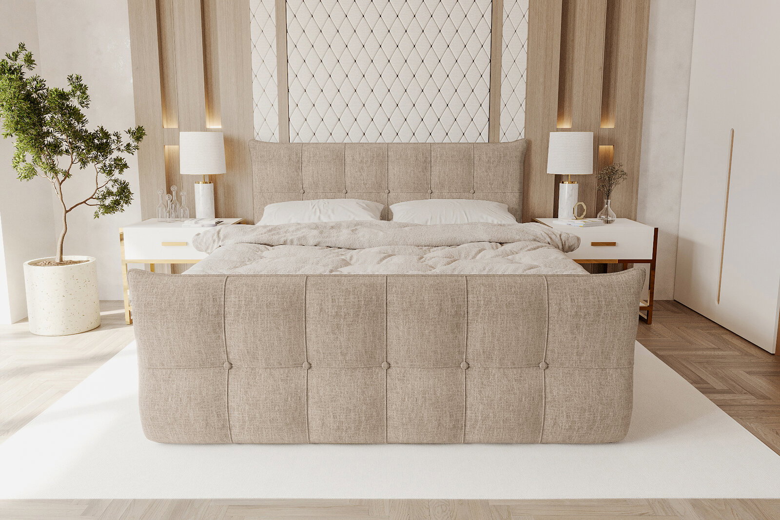 Beiges, gepolstertes Polsterbett mit gestepptem Kopf- und Fußteil in modernem Schlafzimmer, frontale Perspektive von vorn.