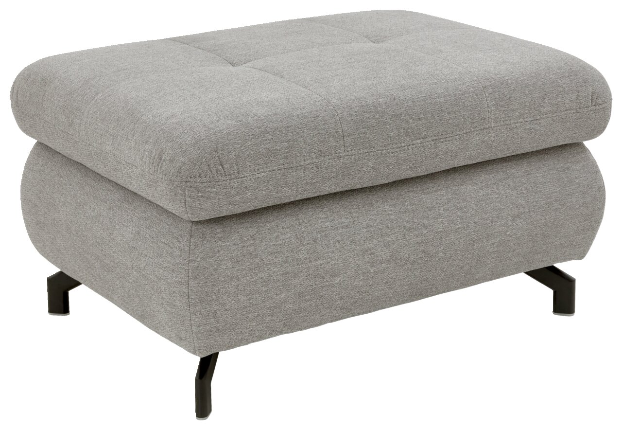 Grauer XL Hocker mit gepolsterter Oberfläche und schwarzen Beinen, seitliche Perspektive
