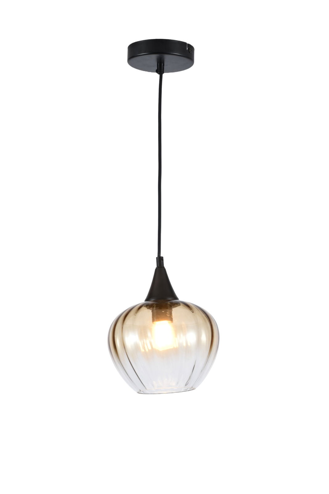 Hängeleuchte mit rundem, geripptem Glasschirm in seitlicher Perspektive