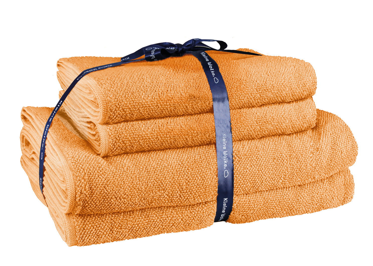 Orangefarbenes Handtuchset, bestehend aus vier Teilen, gebunden mit einem blauen Band, seitliche Perspektive