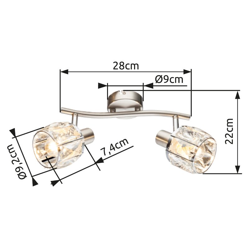 Moderner Strahler mit zwei verstellbaren Leuchten, seitliche Perspektive, Maße: 28cm Breite, 22cm Höhe, 9cm Durchmesser.
