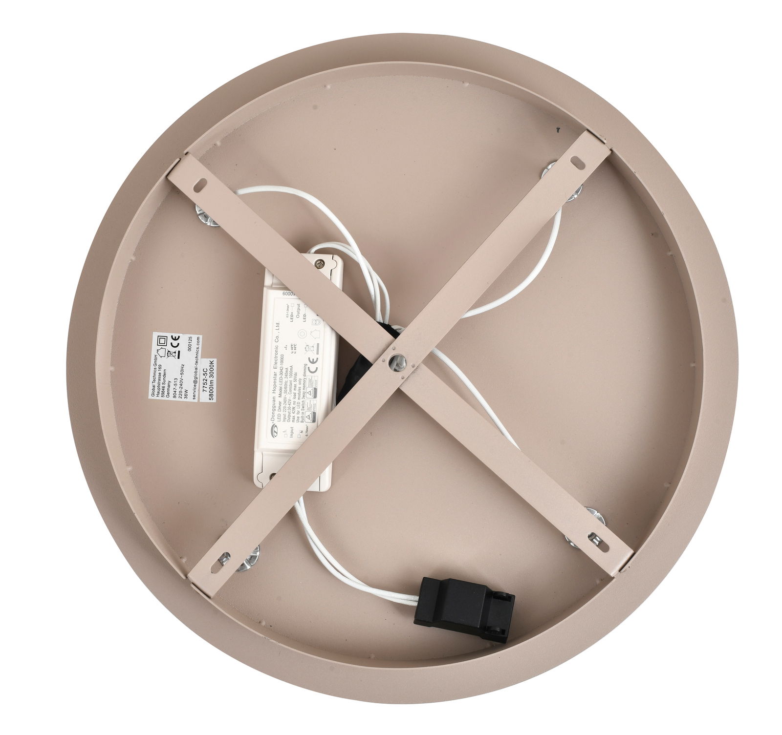 Rückansicht einer runden LED-Deckenleuchte mit sichtbarer Verkabelung und Montagehalterung.