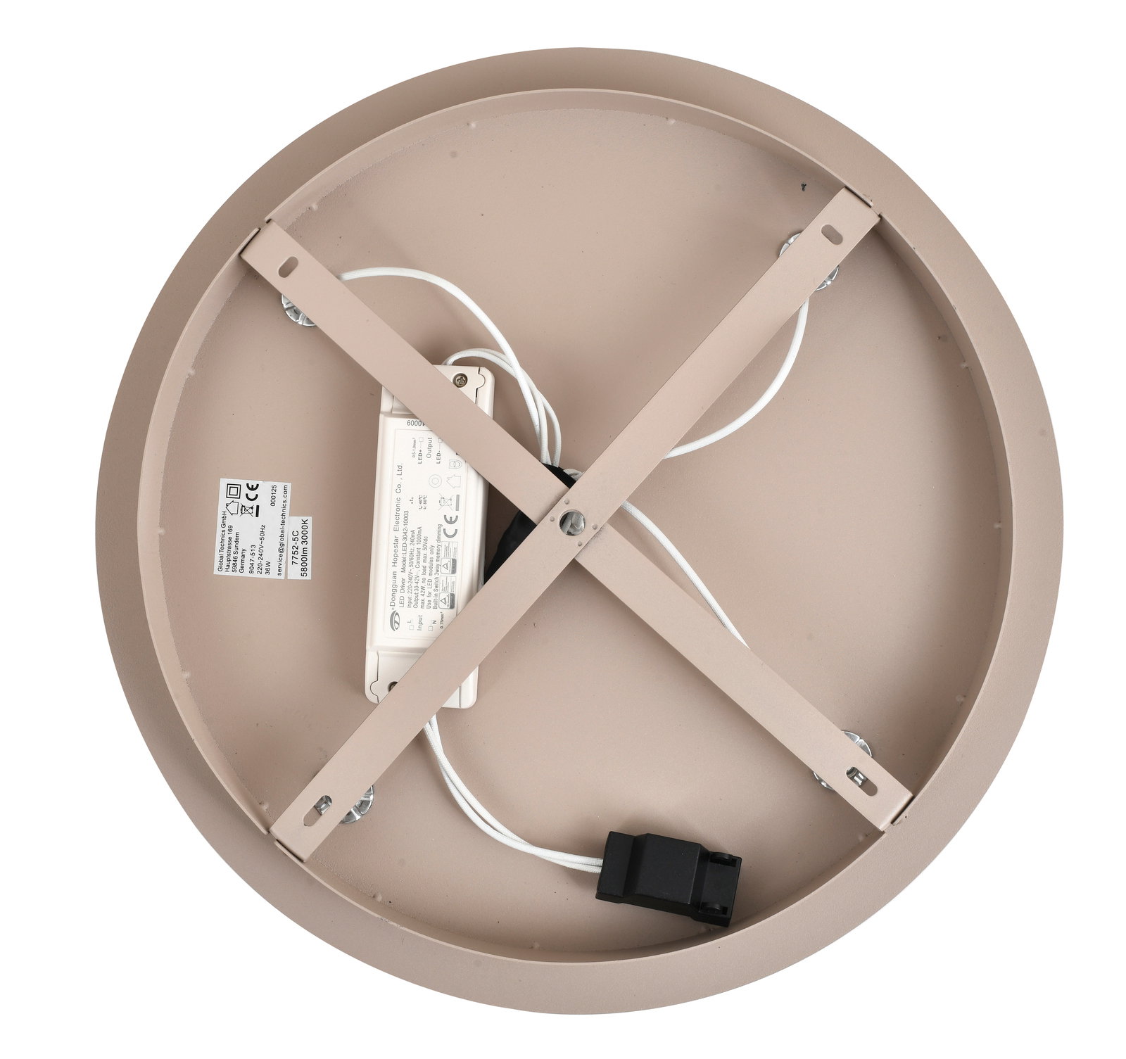 Rückansicht einer runden LED-Deckenleuchte mit sichtbarer Verkabelung und Montagehalterung.