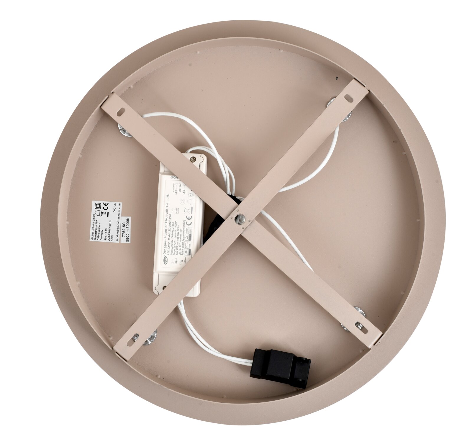 Achterkant van een ronde led-plafondlamp met zichtbare bedrading en montagebeugel.