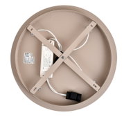 Achterkant van een ronde led-plafondlamp met zichtbare bedrading en montagebeugel.