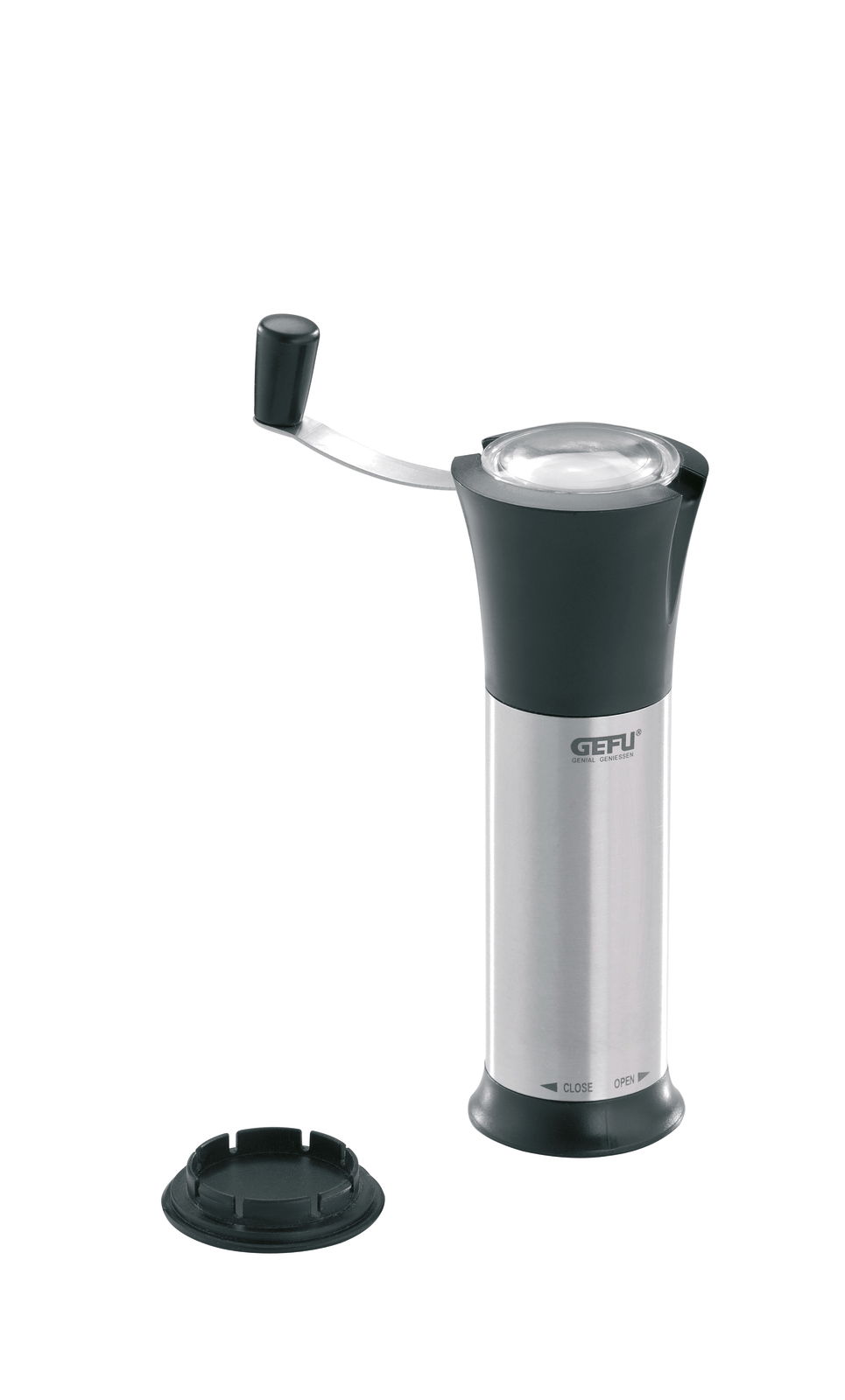 Muskatmühle MOSCATA LASER CUT aus Edelstahl mit Kurbel, abnehmbarem Deckel, seitliche Ansicht