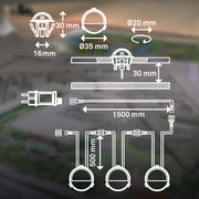 Diagramm eines Einbaulicht-Starter-Sets mit drei runden Leuchten, Kabeln und Steckverbindungen, Draufsicht und Seitenansicht mit Maßen.