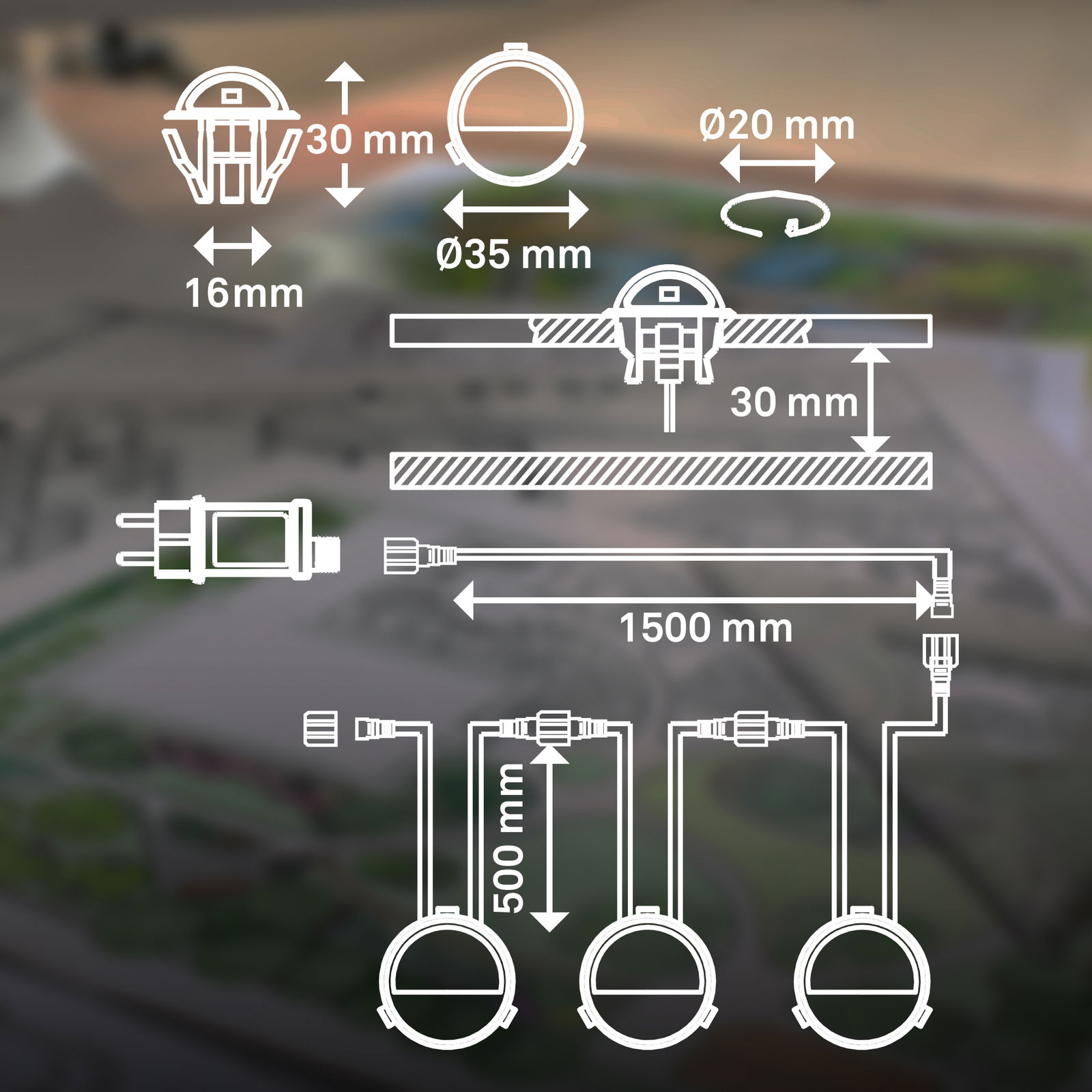 Diagramm eines Einbaulicht-Starter-Sets mit drei runden Leuchten, Kabeln und Steckverbindungen, Draufsicht und Seitenansicht mit Maßen.