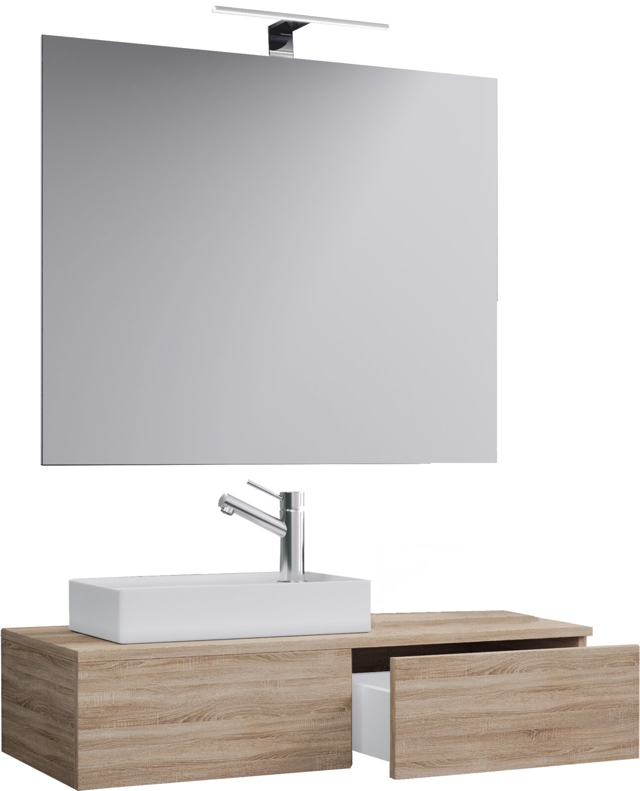 VCM 3-tlg. Gäste Waschplatz GUDAS Modernes Badmöbel-Set mit großem Wandspiegel und schlanker Spiegelleuchte, Waschtisch mit Aufsatzwaschbecken und Einhebelmischer auf Holzoptik-Unterschrank mit Schublade, frontale Ansicht
