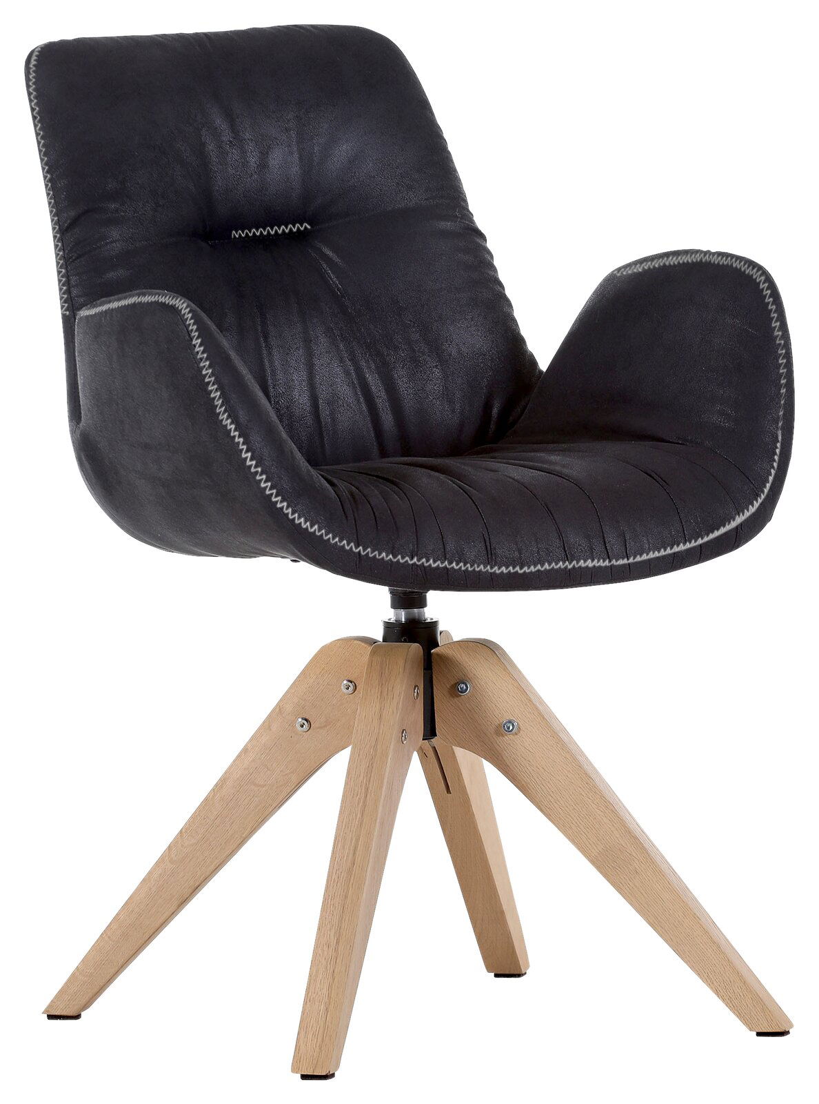 Moderner Sessel mit schwarzem Polster und Holzbeinen, seitliche Perspektive