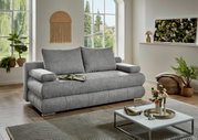 Graues Funktionssofa in einem modernen Wohnzimmer, frontal fotografiert, mit großen Fenstern im Hintergrund und dekorativen Pflanzen.