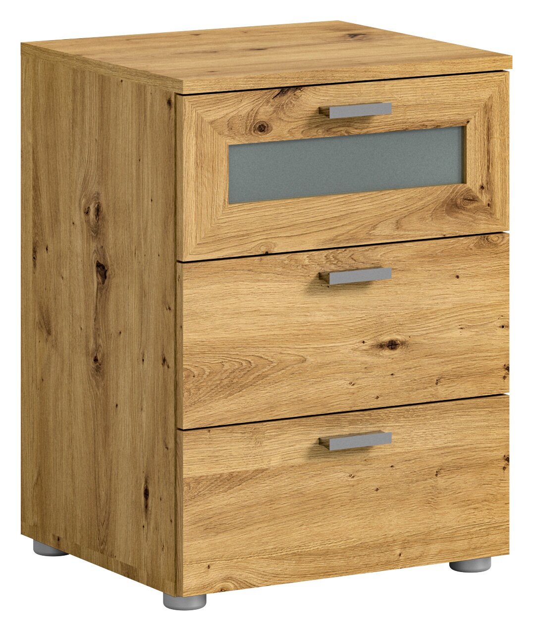 MID.YOU Nachtkommode XENO Nachtkommode aus Holz mit drei Schubladen, davon eine mit Glaseinsatz, in schräger Perspektive