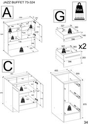 Technische Zeichnung eines Buffet-Schranks mit verschiedenen Perspektiven und Maßen. Die Zeichnung zeigt die Front- und Seitenansicht des Schranks mit detaillierten Abmessungen und maximalen Gewichtsangaben für die Regale und Schubladen.