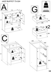 Technische Zeichnung eines Buffet-Schranks mit verschiedenen Perspektiven und Maßen. Die Zeichnung zeigt die Front- und Seitenansicht des Schranks mit detaillierten Abmessungen und maximalen Gewichtsangaben für die Regale und Schubladen.