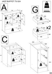 Technische Zeichnung eines Buffet-Schranks mit verschiedenen Perspektiven und Maßen. Die Zeichnung zeigt die Front- und Seitenansicht des Schranks mit detaillierten Abmessungen und maximalen Gewichtsangaben für die Regale und Schubladen.