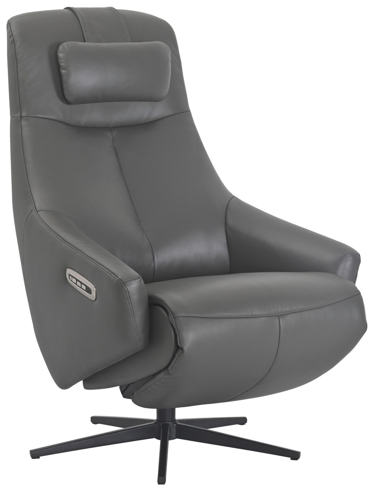 Grauer Relaxsessel aus Leder mit Kopfstütze und Armlehnen, seitliche Ansicht