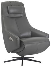 Grauer Relaxsessel aus Leder mit Kopfstütze und Armlehnen, seitliche Ansicht