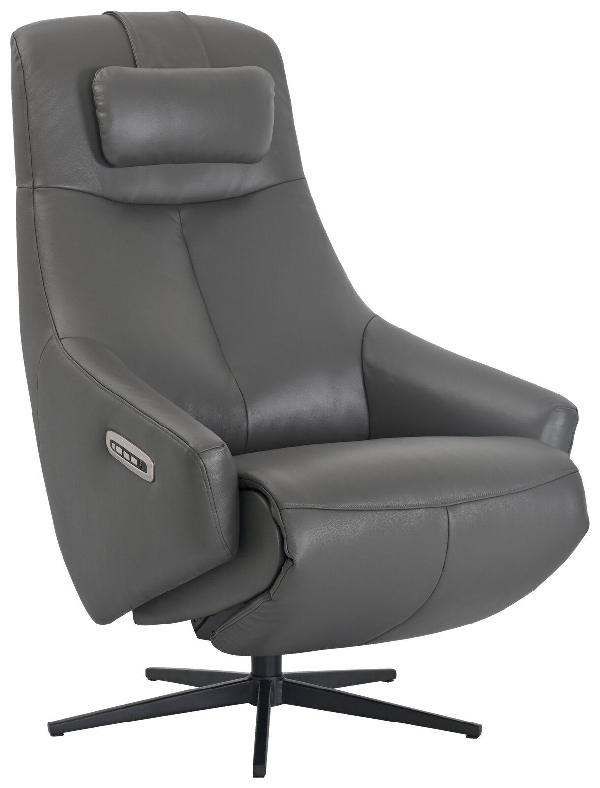 Grauer Relaxsessel aus Leder mit Kopfstütze und Armlehnen, seitliche Ansicht